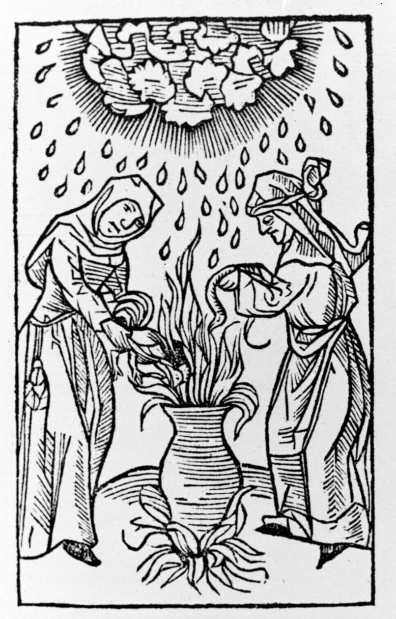 Dos brujas preparando una poción, invocando una tormenta de granizo – grabado de «de lanijs et phitonicis mulieribus», Colonia Dos brujas preparando una poción, invocando una tormenta de granizo - grabado de "de lanijs et phitonicis mulieribus", Colonia