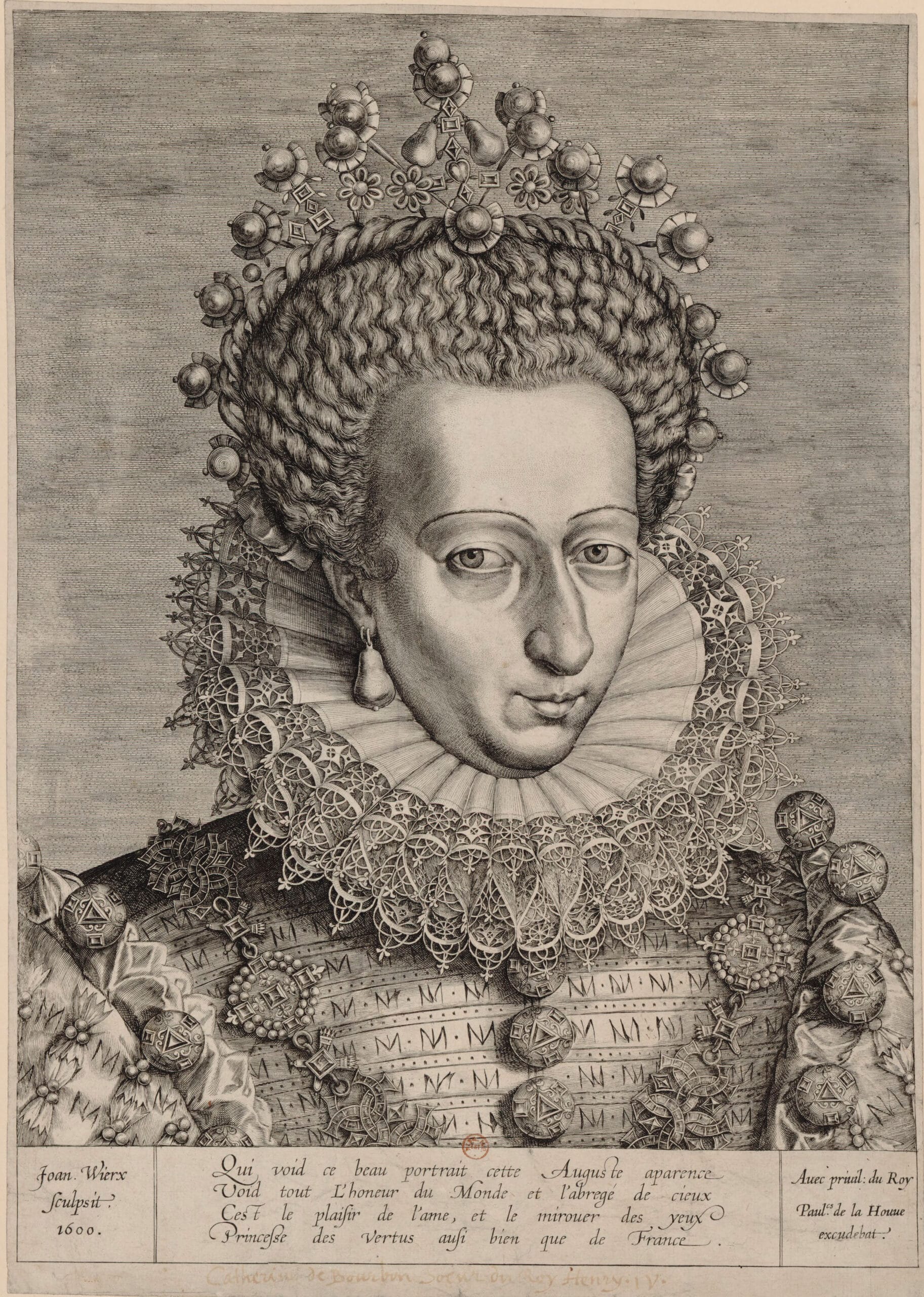 Catherine_de_Navarre El Portret van Catharina van Bourbon (1600) es un grabado de Johannes Wierix que representa a Catalina de Borbón, hermana de Enrique IV de Francia.
