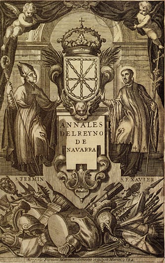 Portada del libro histórico «Anales del Reino de Navarra», escrito por el padre José de Moret. Portada del libro histórico "Anales del Reino de Navarra", escrito por el padre José de Moret. Es una estampa del siglo XVII titulada "San Fermín y San Francisco Javier"